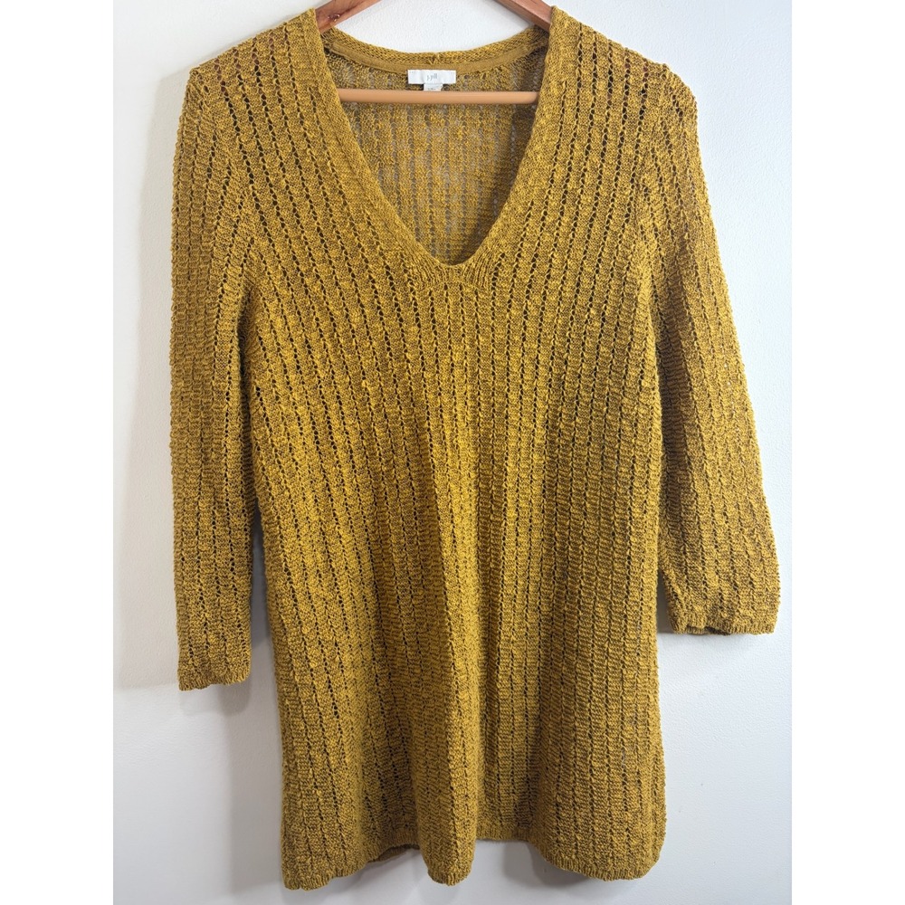 J Jill Mustard Yellow Open Knit V-Neck Tunic Sweater Womens M Pet Luxury Boho